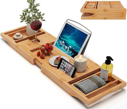 Bamboo Bathtub Caddy Tray Expandable for Luxury Bath, Bath Accessories & Table with Wine Glass Holder, Book Stand Bathroom Organizer with Extending Sides for Men/Women,Natural