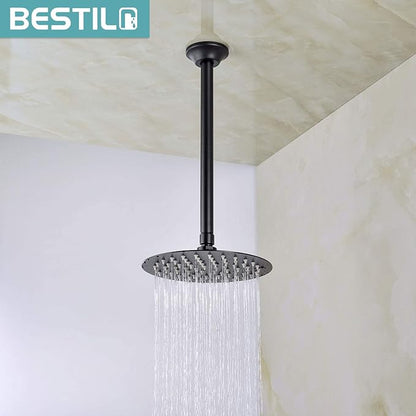 BESTILL 12 Inch Ceiling Mount Rain Shower Head Arm and Flange, Matte Black