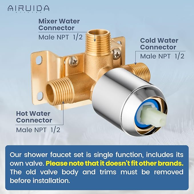 Airuida Square Single-Function Brass Faucet Shower Rough-in Valve Male Thread Bathroom Trim Kit Single Handle Tub Shower Valve 4.3 Inch Cover Plate Chrome Polish