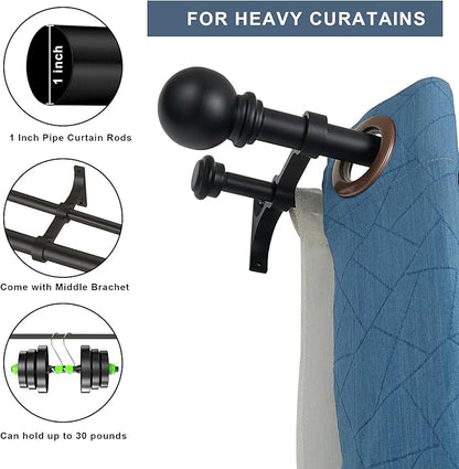 Double Curtain Rod 28 to 48 inch, Adjustable 1 inch Double Drapery Rod Rods for Windows and Doors with Ball Round Finials and Premium Aluminum Brackets Set (28-48",Matte Black)