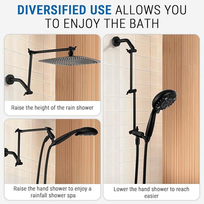 G-Promise 18 Inch Shower Head Extension Arm, Solid Brass Height & Angle Adjustable Extender, Rise or Lower Rainfall and Fixed Shower Head (Matte Black)