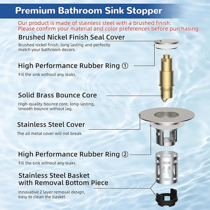 Hibbent Upgraded 3 in 1 Bathroom Sink Drain Strainer, Universal Pop Up Stopper with Removable Stainless Steel Filter Basket Hair Catcher, Sink Plug for 1.1''~2.36'' Basin, Brass Core, Brushed Nickel