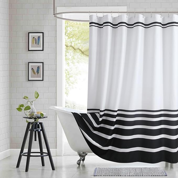 White and Black Striped Shower Curtain 72x78 Inches, Waterproof Fabric with Modern Gradient Lines, 12 Rustproof Grommets & Weighted Hem