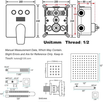 Shower Faucet Set Polished Chrome Shower System Luxury 12 Inch Wall Mounted Full Body Shower System with Body Jets and Handheld Spray, Water Temperature Display Shower Fixtures