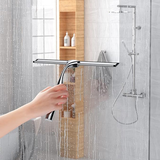 Shower Squeegee Set, Include Shower Door Hook, Adhesive Hook and Spare Silicone Blade, Window Squeegee for Shower Glass Door, Bathroom, Mirror, Window Car Glass 14Inches Silver