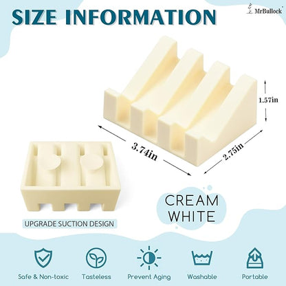 Silicone Soap Dish with Drain, Upgrade Double Suction Cups at The Bottom for Anti-Slip and Stability, Soap Dish Shower Waterfall Bar Soap Holder Tray with Drain Soap Holder (4, CreamWhite)