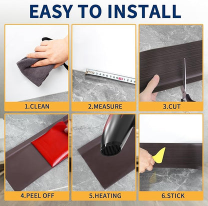 Flexible Baseboard Molding Trim 4 Inch Self-Adhesive Vinyl Wall Base Peel and Stick Cove Base Rubber Wall Baseboard Moulding Trim (60Ft, Dark Walnut Wood Grain)