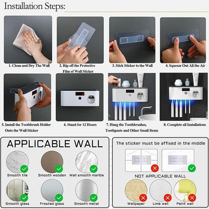 Toothbrush Holders for Bathrooms, Toothbrush Holder Wall Mounted with Toothpaste Dispenser Bathroom Solar Charging and No Drilling Required Tooth Brush Holder with 5 Brush Slots（Gray）