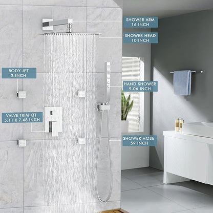 Shower Faucets Sets Shower System with Body Jets, Bostingner 10" Rain Shower Head with 2 In 1 Handheld Spray and 4 Jets, Wall Mounted All Metal 3 Way Shower Set with Valve and Trim Kit,Brushed Nickel