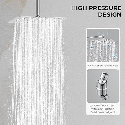 Rain Shower Head - 12 Inch High Pressure Shower Heads 304 Stainless Steel Ultra Thin Square Showerhead Pressure Boosting Design, Ceiling or Wall Mount, Chrome