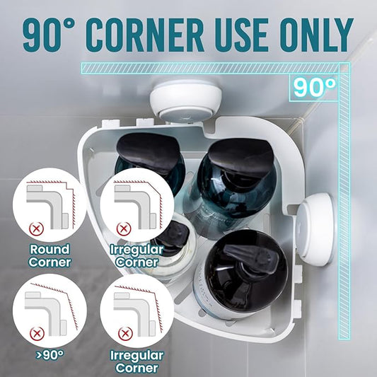 TAILI Corner Shower Caddy with Suction Cups, Wall Mounted Organizer Plastic Rack for Small Bathrooms, Kitchen, Removable Drill-Free Heavy Duty Shelf Basket, White