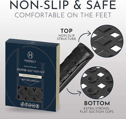 homerella® Shower Mat Non Slip Anti Mold, Non Slip Shower Mats for Inside Shower Stall Anti Slip Mat, Square Shower Floor Mat 21 x 21 in with Suction Cups & Hooks for Quick Drying, Machine Washable