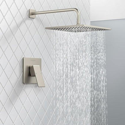 Lava Odoro 12-inch Modern Square Shower Faucet Set Brushed Nickel, Shower Trim Kit with Rough-in Valve High Pressure Rainfall Shower Head and Handle Set (Valve Included), SF106-BN