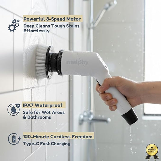 15-in-1 Electric Scrub Brush Cordless, Power Scrubber for Bathroom Tile Grout Cleaning, Waterproof Cleaning Brush with Extension Handle, 3 Speed Electric Cleaning Tools - Malphy
