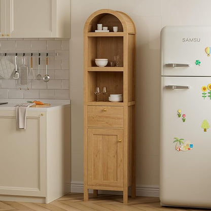 67" Tall Arched Bathroom Narrow Storage Cabinets Set of 2 with Adjustable Shelf, Farmhouse Freestanding Tower Cabinet with Door and Drawer for Kitchen, Living Room, Natural Oak