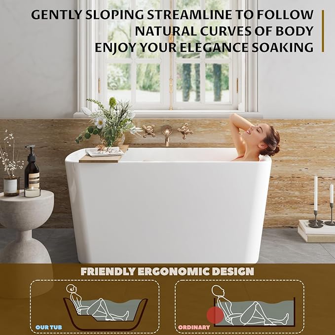 49 Inch Acrylic Freestanding Bathtub, Soaking Bathtub with Matte Drain and Overflow, cUPC Certified, Modern Square Tub with Deep Ergonomic Design and Double-Walled Insulation for Bathroom Use, White