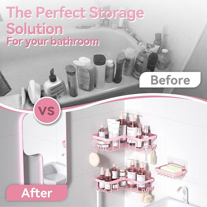 YASONIC Corner Adhesive Shower Caddy, with Soap Holder and 12 Hooks, Rustproof Stainless Steel Bathroom Organizer, No Drilling Wall Mounted Rack, Pink, 3-Pack