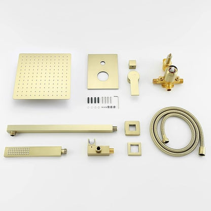 SHAMANDA Brass Rainfall Shower System, Luxuly Bathroom Shower Faucet Combo Set Brushed Champaign Gold(Including Rough-In Valve Body and Trim), L7001-3