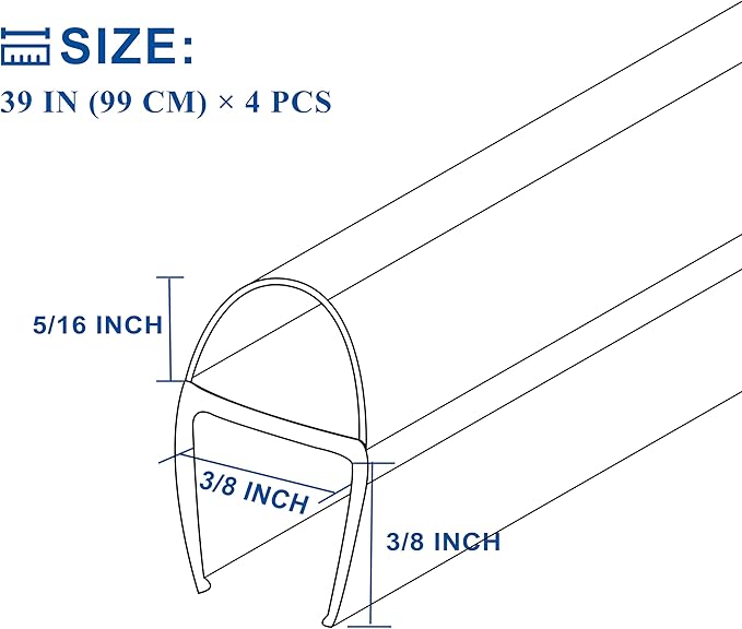 Frameless Shower Door Seal Strip 4 Pack x 39 Inch U for 3/8" Thick Glass Shower Door Side Seal Strip Bottom Seal Door Sweep, Ultra Clear Polycarbonate, Stop Shower Leaks Create A Water Barrier