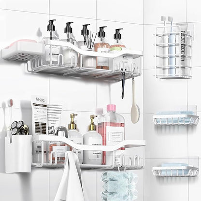 Shower Caddy Adhesive Shower Organizer 7-Pack, Rustproof Stainless Steel Bathroom Shelves, Large Capacity No-Drill Rack Storage Accessories with Soap Dish Toothbrush Holder Hooks (White)