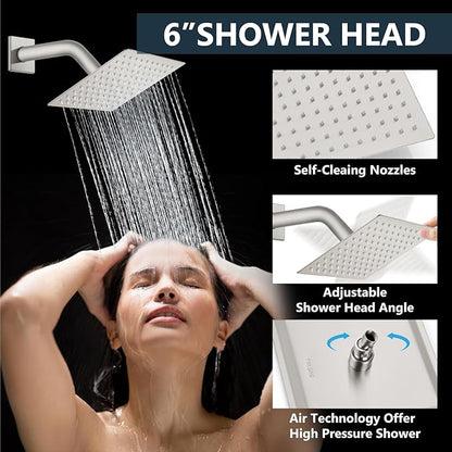 Aolemi Shower Faucet Set Ceiling Mount Shower System Rough-in Valve and Shower Trim Kit 16 and 6 Inch Dual Shower Head 2 in 1 Handheld Spray Push Button Diverter Brushed Nickel