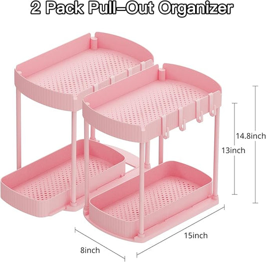 2 Pack Multi-Purpose Pull-Out Storage Organizers, Under Sink Organizers and Storage for Bathroom & Kitchen, Under Cabinet Organizers and storage, 14.8 Inch, Pink
