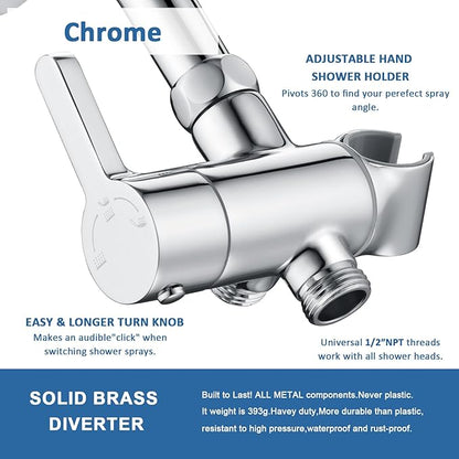 3 Way Shower Diverter Valve with Hand Shower Holder, G1/2 Shower Head Splitter, Shower Arm Diverter (Chrome)