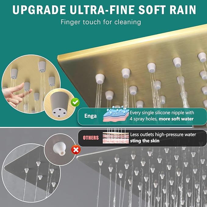 ENGA Shower System with Tub Spout, Bathtub Shower Faucet Combo Set - 10" & 6" Square Rain Shower Heads with 2 in 1 Handheld Spray, 4 Way Water Diverter, Brushed Gold