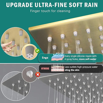 ENGA Shower System with Tub Spout, Bathtub Shower Faucet Combo Set - 10" & 6" Square Rain Shower Heads with 2 in 1 Handheld Spray, 4 Way Water Diverter, Brushed Gold