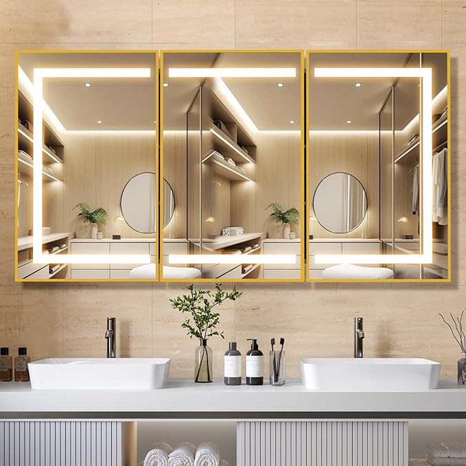 APRILSOUL 60X32 Inch Gold Bathroom Medicine Cabinet with Mirror, Recessed or Surface Lighted Medicine Cabinet with 3 Colors Temperature, Dimmable Light