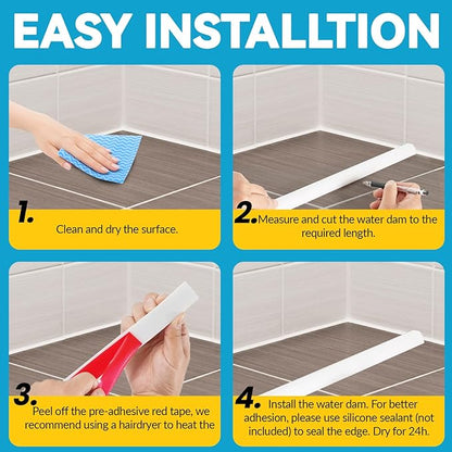 98'' Collapsible Shower Threshold Water Dam Shower Barrier Keeps Water Inside Threshold Dry and Wet Separation Retention System Suitable for Bathroom Kitchen Sink Bathtub