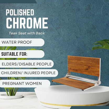 Folding Shower Seat Wall Mounted with Back | 500 lbs Maximum Load Capacity | ADA Compliant Safety Assist Teak Shower Seat for Seniors, Handicapped, and Children | 304 Stainless Steel Frame | 26” x 16”