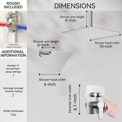 Shower Faucet Set Brushed Nickel Shower System, STARBATH 10" Ceiling Mount Rain Showerhead and 6" Wall Mounted Rainfall Shower for Couples, On Off Button Valve Dual Head Shower Systems Complete