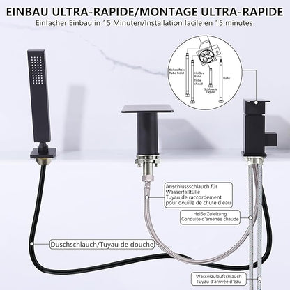 Roman Tub Faucet with Hand Shower, Matte Black Deck Mount Waterfall Tub Faucet High Flow 3 Hole Bathtub Faucets Sets