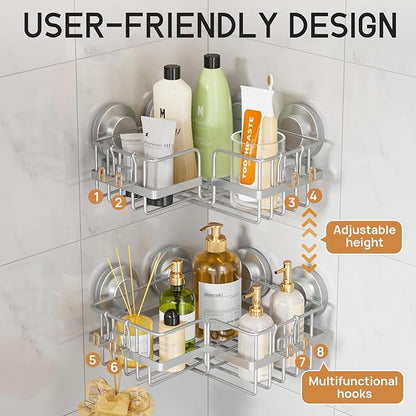 LEVERLOC 2 Pack Corner-adaptive Suction Cup Shower Caddies, Drill-Free Wall Mounted Basket, Stainless Steel Rustproof Corner Shower Shelf, Large Capacity Removable Suction Cup Bathroom Organizer, Gray