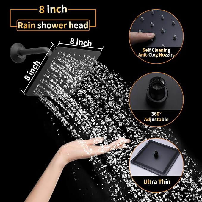 AYIVG Square 304 Stainless Steel 8 Inch Wall Mount Rain Shower head With Shower Arm And flange (Matte Black)