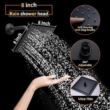 AYIVG Square 304 Stainless Steel 8 Inch Wall Mount Rain Shower head With Shower Arm And flange (Matte Black)