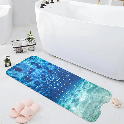 Seawater Bathtub Mat Non Slip, Ocean Waves Bath Tub Mat Baby Bath Mats for Bathroom Anti Slip Shower Mats for Inside Shower, Underwater Bathmat with Suction and Drain Holes Machine Washable, 40″x16″