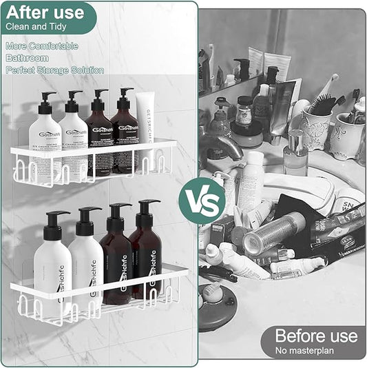2025 New Adhesive Shower Caddy, Shower Shelves with 16 Hooks, White 2 Pack