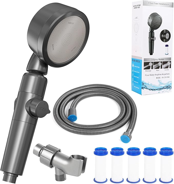 Ion Drops Filtered Shower Head for Hard Water, High Pressure Handheld with 3 Modes & Pause Switch for Pets Bath, Complete Kit with 60" Stainless Hose, 5 Replacement Filters & Bracket