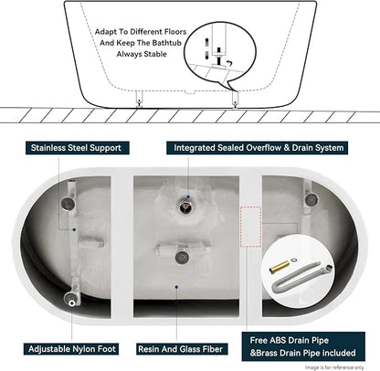 FerdY Shangri-La 67" Acrylic Freestanding Bathtub, Classic Oval Shape Acrylic Soaking Bathtub with Polished Gold Drain & Minimalist Linear Design Overflow, Modern White, cUPC Certified