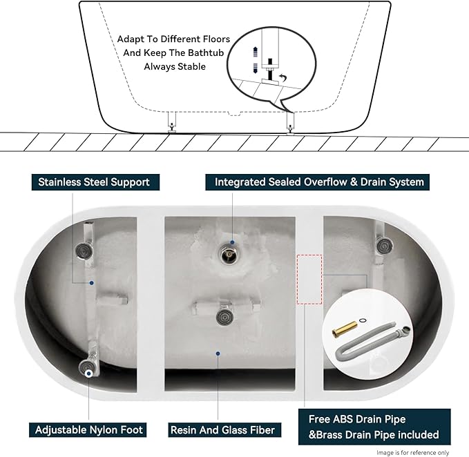 FerdY Shangri-La 67" Acrylic Freestanding Bathtub, Classic Oval Shape Acrylic Soaking Bathtub with Matte Black Drain & Minimalist Linear Design Overflow, Modern White, cUPC Certified