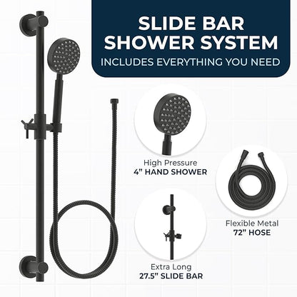 HammerHead Showers® Solid Metal 27.5 Inch Shower Slide Bar Set and Handheld Shower Head with Hose — MATTE BLACK — 2.5 GPM High Pressure Spray Wand — Easily Adjust Height & Angle of Handshower