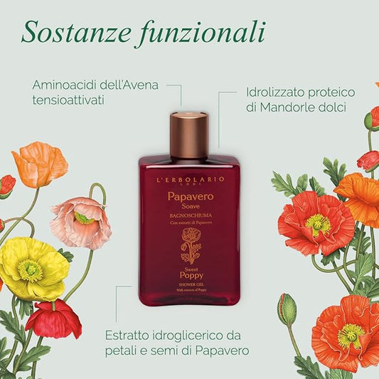L'Erbolario Shower Gel – Antioxidant and Moisturizing Body Wash – Toning Body Soap for Sensitive Skin - Floral Amber Fragrance - Sweet Poppy - 8.4 oz
