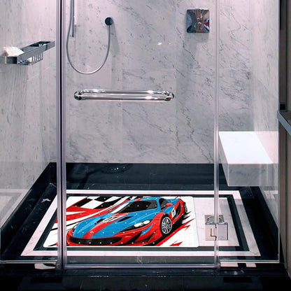 Bath Tub and Shower Mats, Non Slip Bathmat with Drain Holes and Suction Cups for Bathroom Floor, 15.1 x 26.8 Inch (Red and Blue Race Car with Checkered Flag)