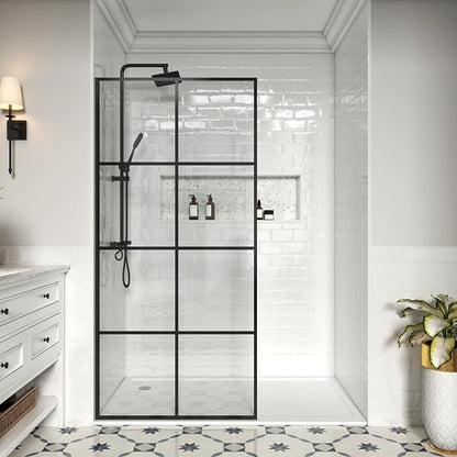 30" W x 76" H Frameless Shower Screen, Fixed Glass Panel for Walk-In Shower, 3/8" Tempered Glass, Grid Pattern Design