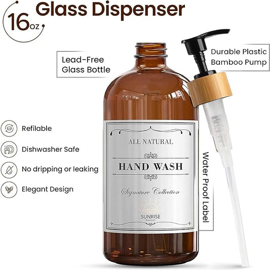 16 OZ Thick Amber Glass Soap Dispenser, Bamboo Pump with Tray 2 Pack, Hand and Dish Soap Dispenser Set for Bathroom with 6 Waterproof Labels