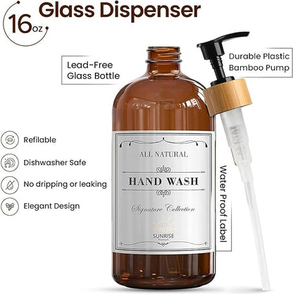 16 OZ Thick Amber Glass Soap Dispenser, Bamboo Pump with Tray 4 Pack, Hand and Dish Soap Dispenser Set for Bathroom with 12 Waterproof Labels