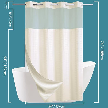 Conbo Mio Stall No Hook Shower Curtain with Snap in Liner Set, Hotel Luxury Beige Shower Curtains for Bathroom with See Through Top Window, Waterproof, Washable 54W x 74H