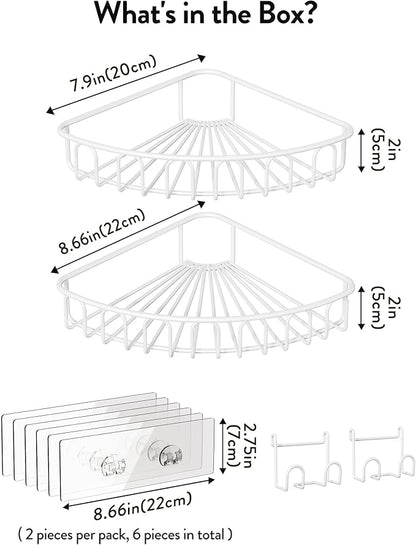Orimade Corner Shower Caddy with 2 Hooks Wall Mounted Metal Bathroom Shelf Storage Organizer Adhesive No Drilling 2 Pack, White Only for 90-Degree Corner